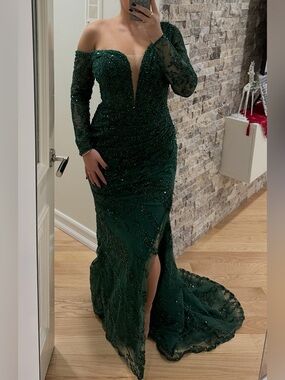 Custom-made emerald green asymmetrical evening gown from NYC Glamour Couture.